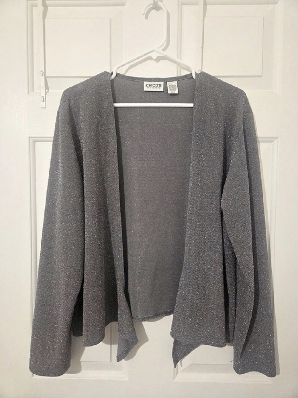Chico's Travelers Metallic Open Front Cardigan Gray Size 3